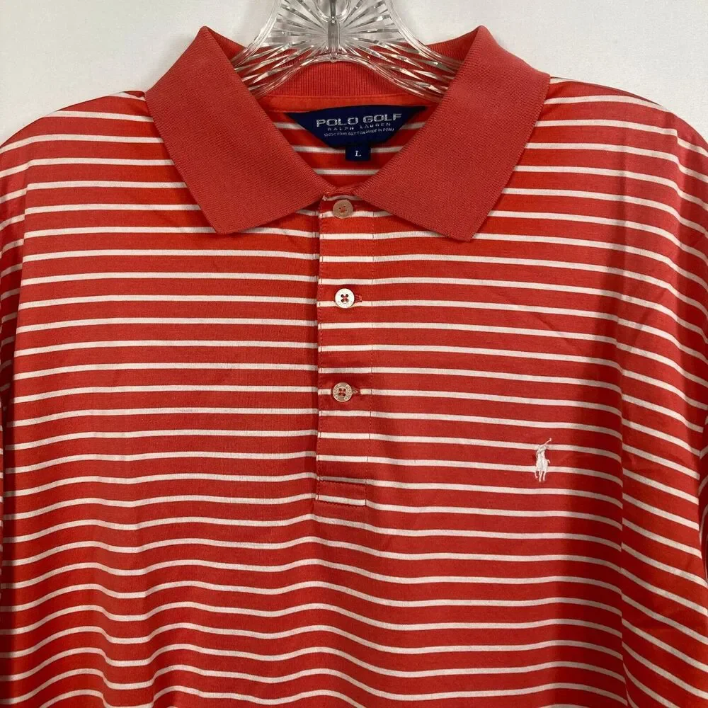 Ralph Lauren‎ Polo Shirt Mens Sz L Orange White Striped Cotton Golf Short Sleeve